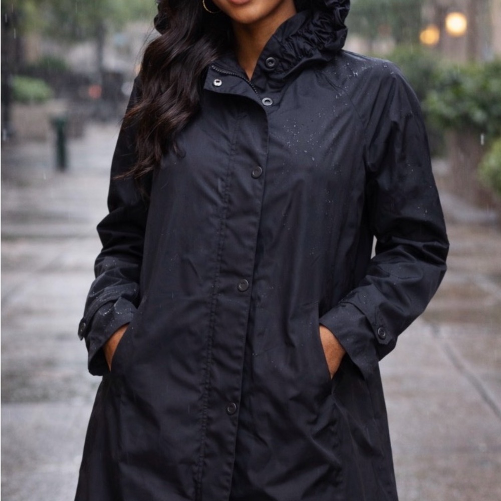 Perry Ellis Black Trench Coat with Ruffle Collar